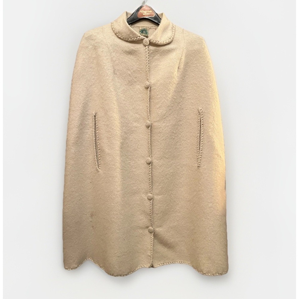 Vintage MATTY Peru 100% Alpaca Wool Cape | Cream Ivory | Hand Braided Trim | 38"